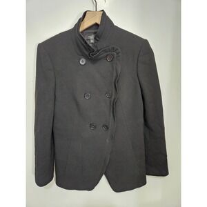 Ann Taylor Black 100% Wool Ruffle Trim Double Breasted Pea Coat Petite 8P
